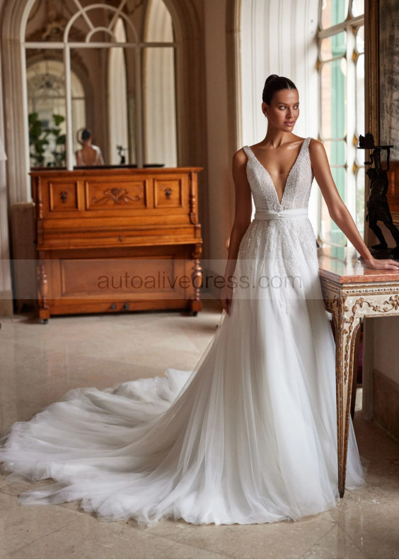 V Neck Beaded Ivory Lace Tulle Sparkling Wedding Dress